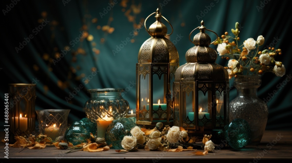 An opulent green and gold background with shimmering Arabic calligraphy An opulent green and gold background with shimmering Arabic calligraphy