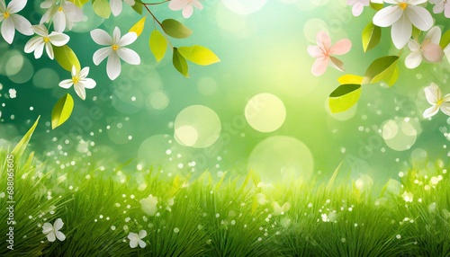 Colourful spring themed background with flowers, grass and easter eggs