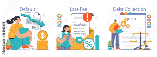 Financial Challenges set. Stages of loan default, accruing late fee and debt collection depicted with concerned characters. Money concerns. Debt management. Flat vector illustration photo