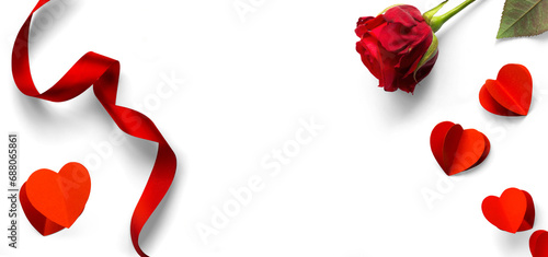 Fototapeta Naklejka Na Ścianę i Meble -  Valentine's Day design elements isolated on white background. Rose Flower and Pairs of Red Hearts, Red silk ribbon with natural transparent shadow on transparent background, clipping path  png