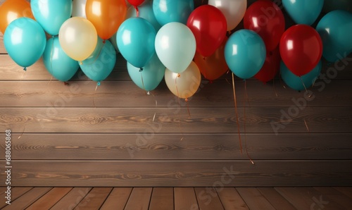 balloons thrown around on wooden background