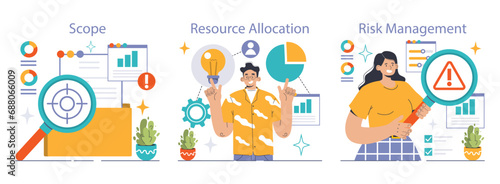 Project Management set. Identifying scope, optimizing resources, mitigating risks. Effective planning, strategy, team collaboration. Flat vector illustration