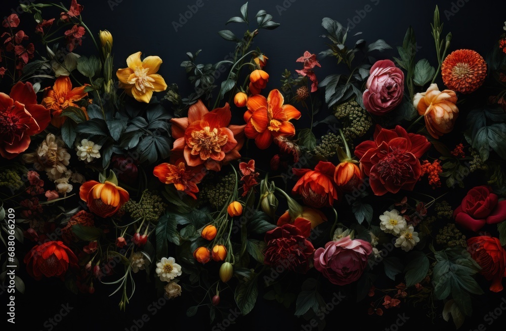 beautiful flowers in various colors on a black background, beautiful flowers in various colors on a black background,