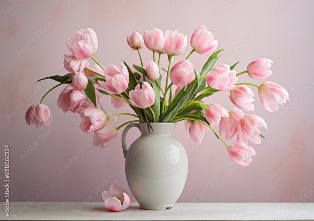 beautiful pink tulips in a vase,