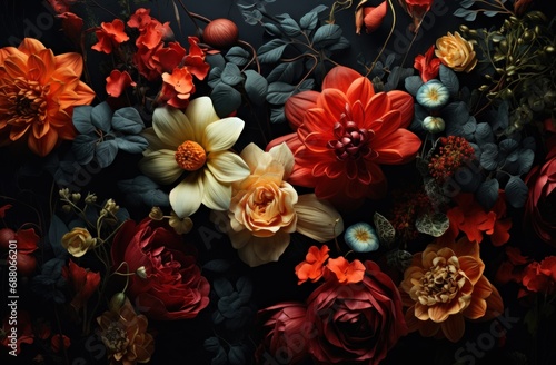 beautiful flowers in various colors on a black background, © olegganko