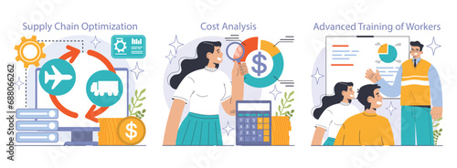 Reducing the cost of production set. Automatization and effective optimization of manufacturing expense. Balance of costs and income. Flat vector illustration photo