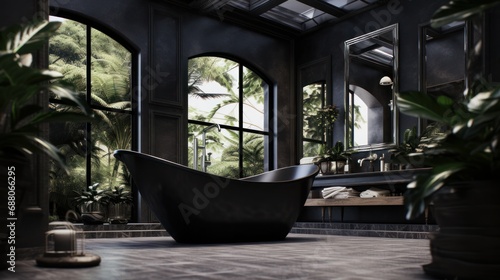 Cozy bathroom in black in an autonomous eco-house in a summer forest, view from the inside.