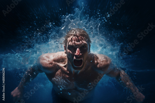 An athletic swimmer emerges from the water. © Dzmitry