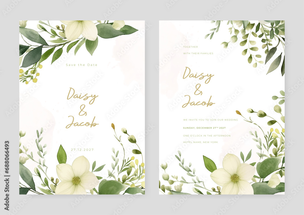 White cosmos elegant wedding invitation card template with watercolor floral and leaves