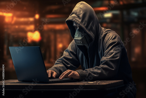 A hacker in a gas mask sits at a laptop, hacking into a computer system.