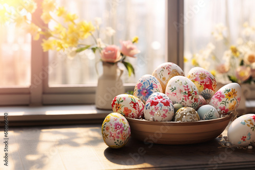 Easter Eggs Basket beside window with natural sunlight and copy space.