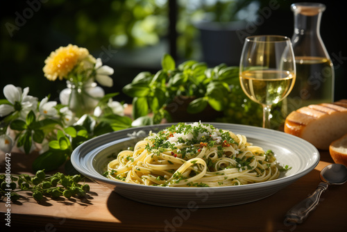 Piatto di pasta, linguine alle erbe e peperoncino con un bicchiere di vino bianco photo