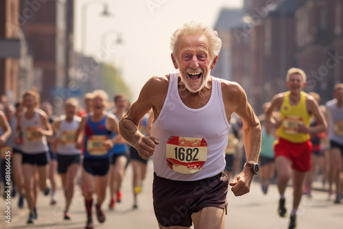 Joyful old man - athlete runs a marathon.