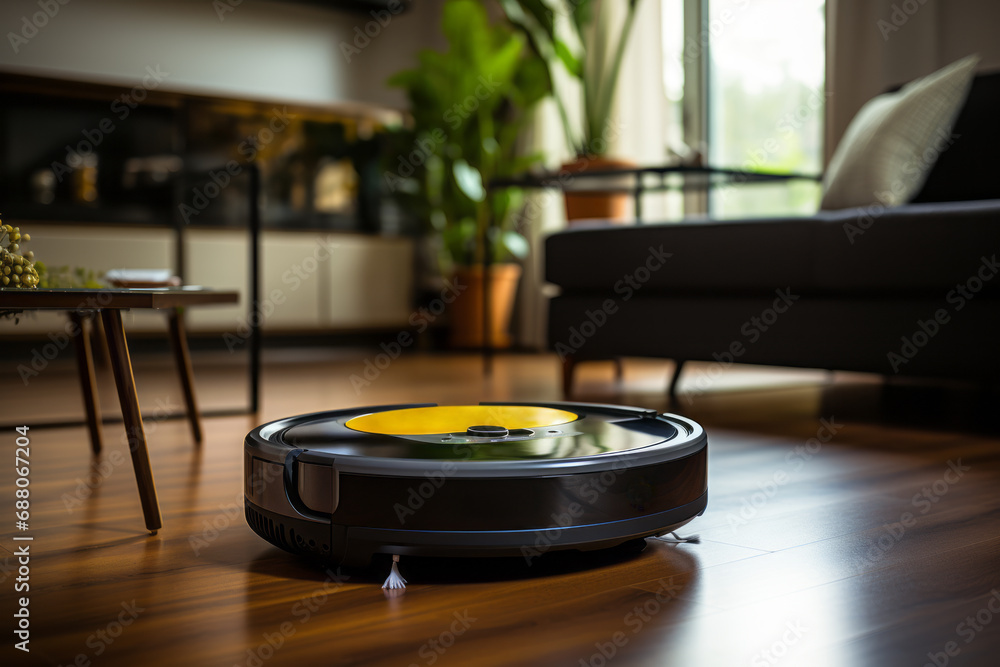A robot vacuum cleaner removes dust on the floor in the room. A robot vacuum cleaner removes dust on the floor in the room.