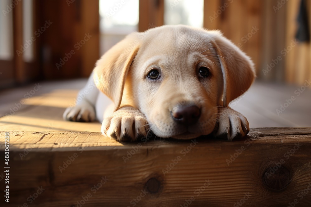 Adorable Yellow Lab Puppy - Cute Canine Pet with Soft Yellow Fur - obrazy, fototapety, plakaty 