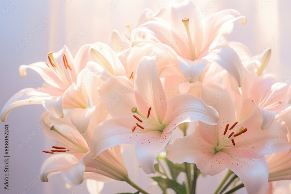 Closeup of Beautiful White Lilies Blossoming in a Blurred Background - A Christian Symbol of Beauty and Purity for Bouquets and Gifts