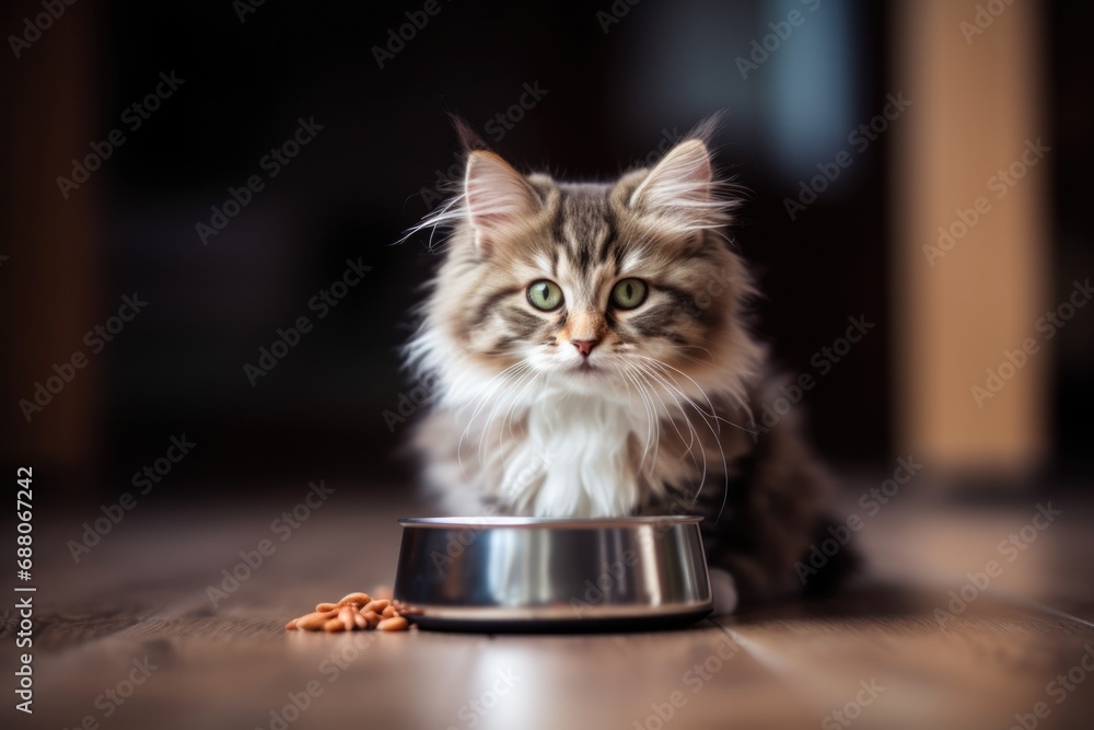 Cute Cat Eating Crackers on Bright Home Carpet: Closeup of Adorable Animal Care with Background Bowl
