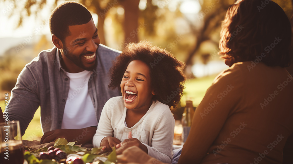 A candid shot of a family laughing together during a picnic, African American Family, bokeh, with copy space