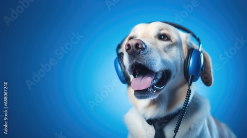 Dog Support Operator with Headset and Microphone. Labrador Retriever and White Dog Ready to Help on the Line © AIGen