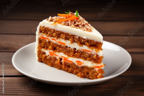 Delicious Carrot Cake Slice on a Wooden Table - A Sweet Dessert Pastry Made with Homemade Ingredients and Fresh Carrots - Copyspace Available