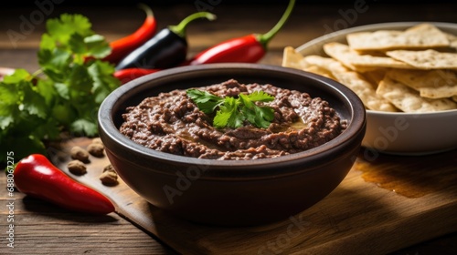 Black Bean Party Dip Served in a Wooden Bowl - Delicious Snack for Game Nights and Gatherings