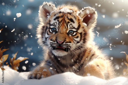 Cute Tiger Cub Playing in Snowy Wonderland -  Animal in Winter Holiday Scene for Enjoyment © AIGen