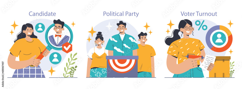 Election set. Democratic procedure, citizens choosing political party or candidate by the electoral process. Character checking a ballot on a referendum. Flat vector illustration - obrazy, fototapety, plakaty 