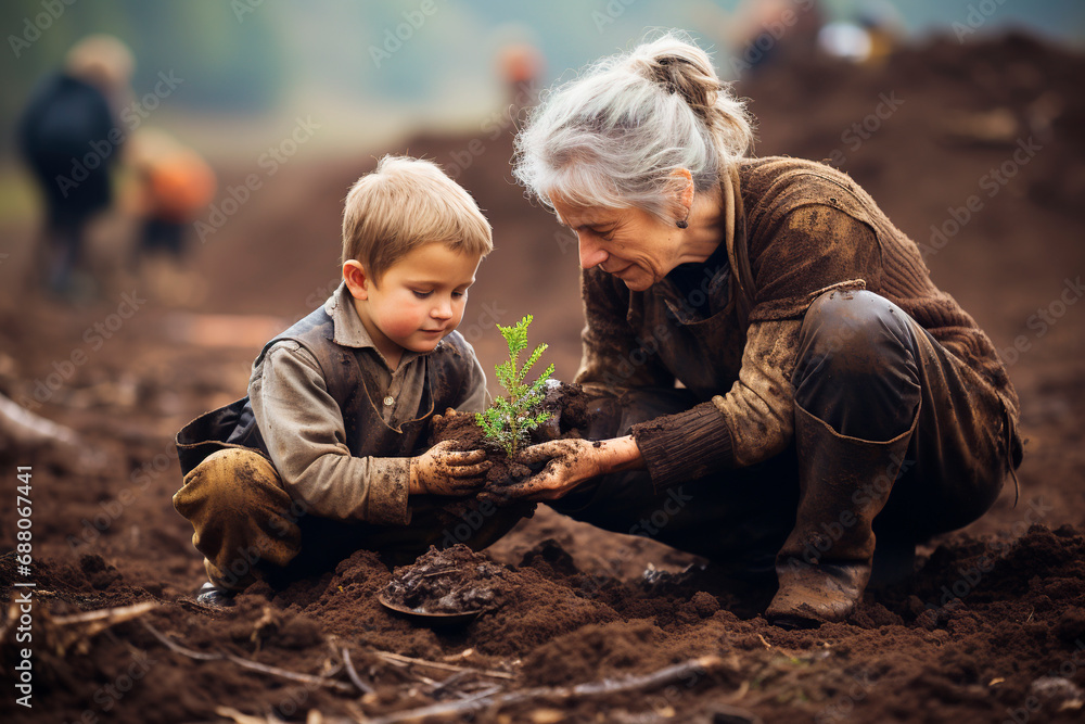 A woman teaching her grandson in the forest how to plant a tree. A woman teaching her grandson in the forest how to plant a tree.