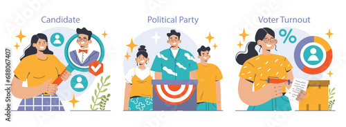 Election set. Democratic procedure, citizens choosing political party or candidate by the electoral process. Character checking a ballot on a referendum. Flat vector illustration
