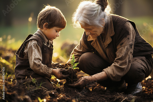 A woman teaching her grandson in the forest how to plant a tree.