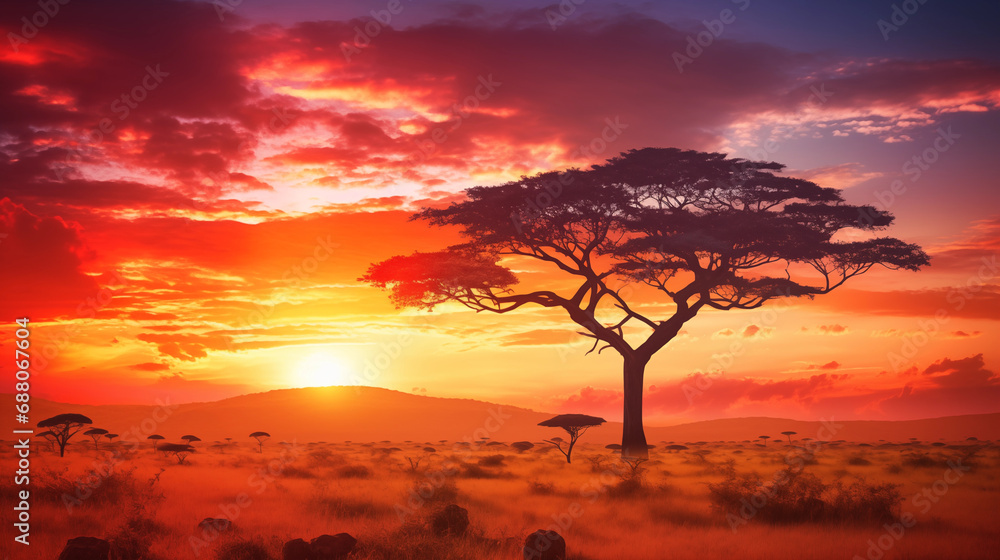 A breathtaking African sunset over the savannah, African culture, bokeh, with copy space