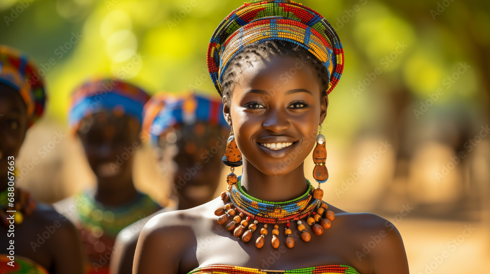 Women adorned in traditional African beaded necklaces, African culture, bokeh, with copy space