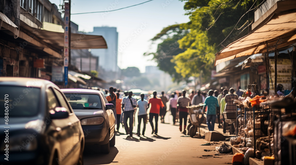 A bustling urban street in an African city, capturing the modern lifestyle, African culture, bokeh, with copy space