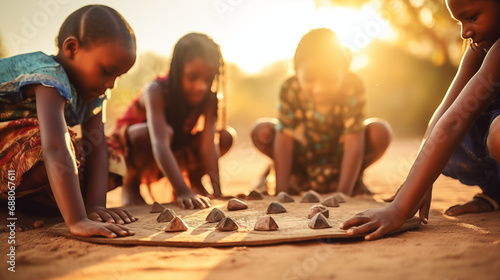 A group of children playing a traditional African game outdoors, African culture, bokeh, with copy space photo