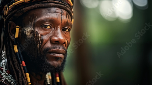 A portrait of an African tribal leader in traditional attire, African culture, bokeh, with copy space