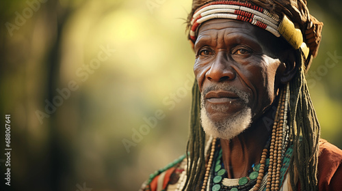 A portrait of an African tribal leader in traditional attire, African culture, bokeh, with copy space