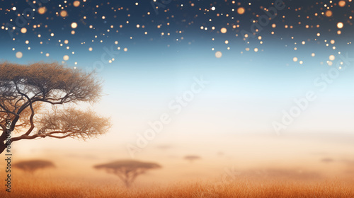 A serene landscape of the African plains, dotted with acacia trees, African culture, bokeh, with copy space