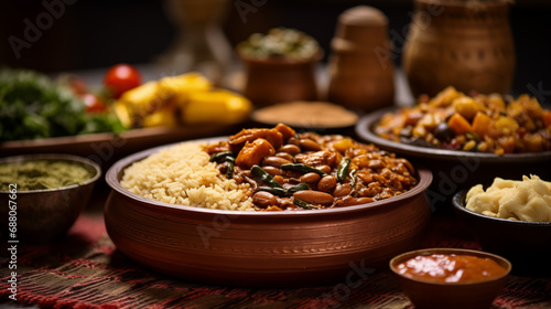 A traditional African meal, showcasing the continent’s culinary diversity, African culture, bokeh, with copy space