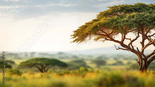 A serene landscape of the African plains  dotted with acacia trees  African culture  bokeh  with copy space