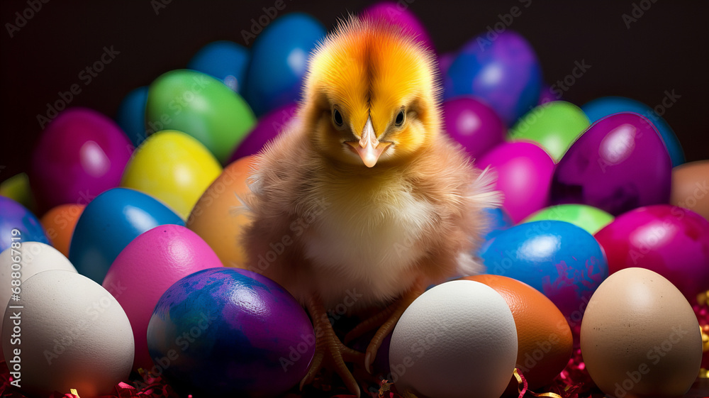 A baby chick surrounded by eggs