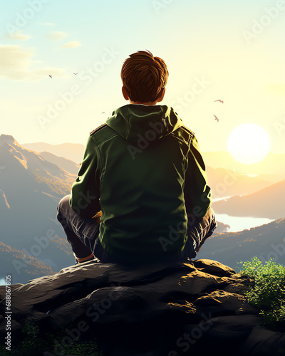 Junge sitzt auf einem Felsen und schaut in die Berge