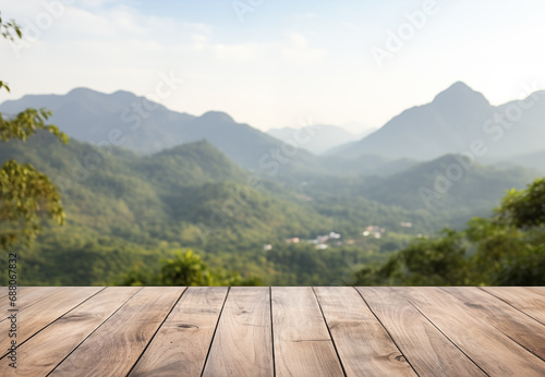 old Wooden board empty table in front of blurred mountain natural background, brown wood, display products wood table. table Mock up for display of product