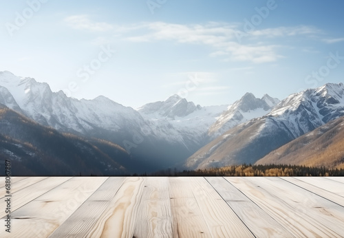 old Wooden  board empty table in front of blurred mountain natural background, brown wood, display products wood table. table Mock up for display of product © Divine123victory
