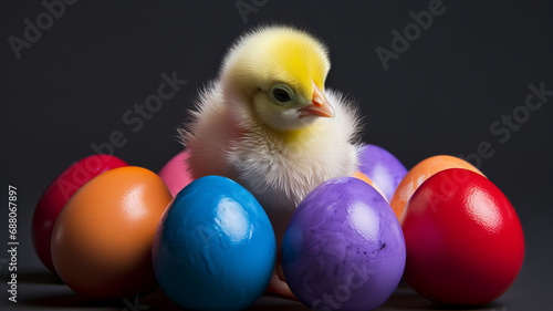 A baby chick surrounded by colored eggs photo