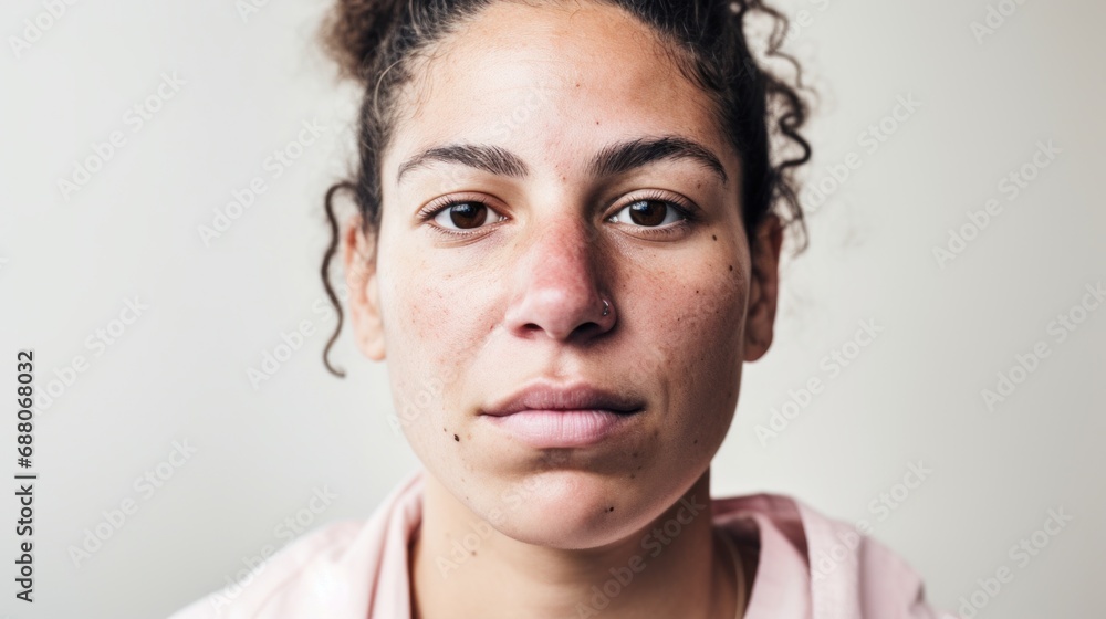 A tight shot capturing a Moroccan woman's closeup portrait, embracing her flawed skin, set against a neutral studio background. A tight shot capturing a Moroccan woman's closeup portrait, embracing her flawed skin, set against a neutral studio background.