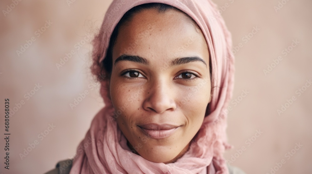 A closeup of a Moroccan woman with imperfect skin, gazing directly at the camera against a beige backdrop.
