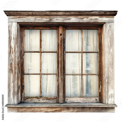 Old wooden window with curtains  cut out