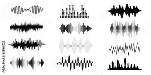 Vector sound waves set. Musical sound waves, equalizer and recording concept. Analog and digital line waveforms. Electronic sound signal, voice recording. 