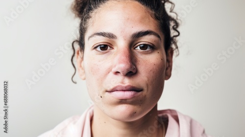 A tight shot capturing a Moroccan woman's closeup portrait, embracing her flawed skin, set against a neutral studio background.