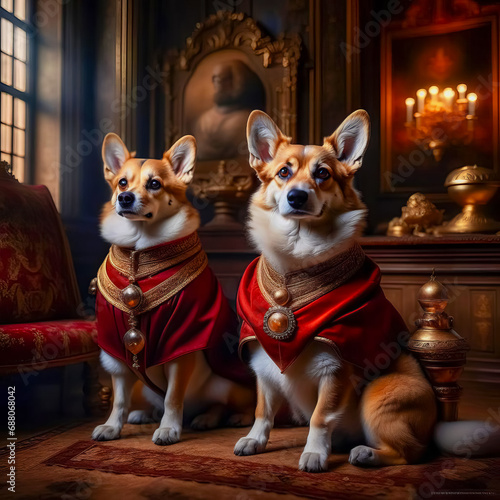 Beautiful noble royal corgi dog posing in a rich red suit in a vintage interior